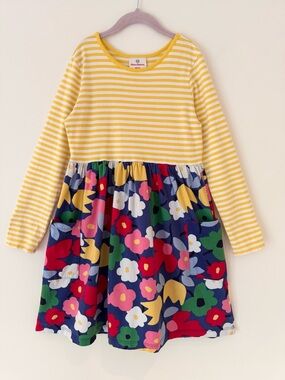 Hanna Andersson Mixie Playdress in Yellow Stripe Knit Top & Navy Floral Skirt 10